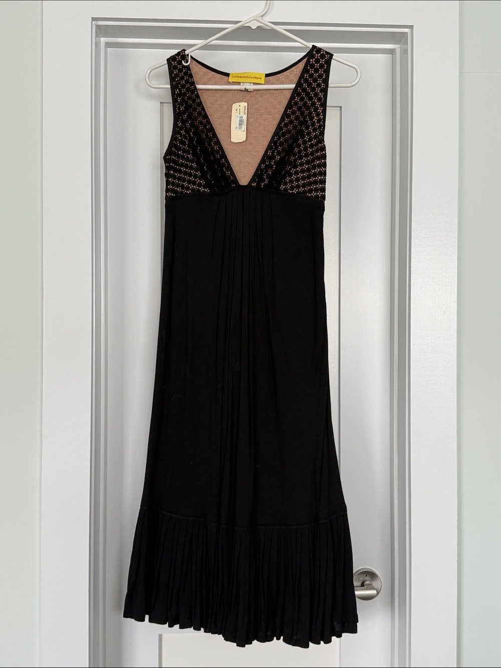 Catherine Malandrino Black Sleeveless V-Neck Midi Dress with Embellished Bodice